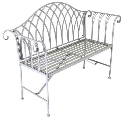 CHARLES BENTLEY Decorative, Wrought Iron, Outdoor, Rustic, Bench, For Patio, Garden, Balcony, Decking, Furniture, 2 Seater, with Elegant Curved Armrest, Rustproof, Stylish, Grey (93x128x44cm)