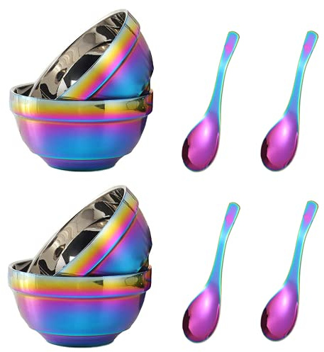 JYJFGSFA 14oz Rainbow Bowl Set with 4x Soup Bowls and 4x Soup Spoons, 304 Stainless Steel Double-Walled Cereal Bowls for Breakfast, Drop Resistance Children Bowls