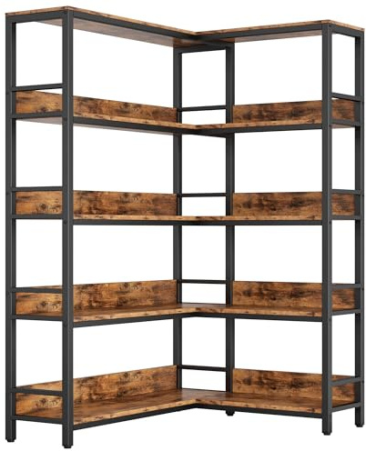 IRONCK Corner Shelf 5 Tiers 70LB Capacity L-Shaped Bookshelf with Baffles and Metal Frame for Home Office Living Room Kitchen Storage and Display