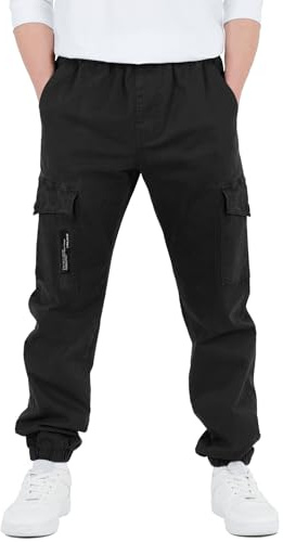 CAMLAKEE Pantalon Garçon - Pantalon Jogger Slim Fit à Taille Élastiquée - Pantalon Cargo Enfant - Noir - 6-7 Ans/Taille 130