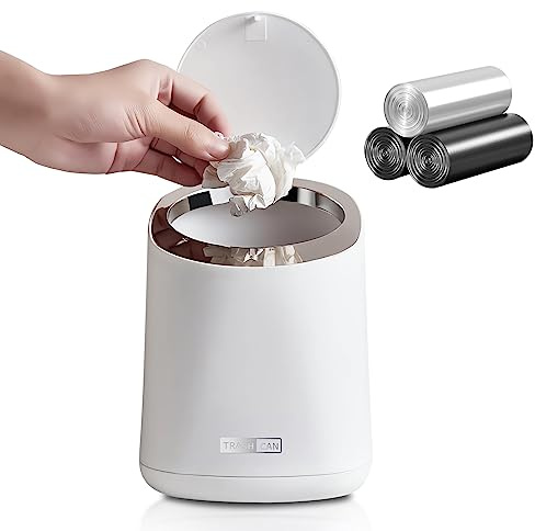 QLFJ-FurDec Mini Desktop Trash Can with 90 Trash Bags, Press-Type Countertop Wastebasket with Lid, Small Plastic Garbage Can for Bathroom Bedroom Living Room Dressing Table(White)