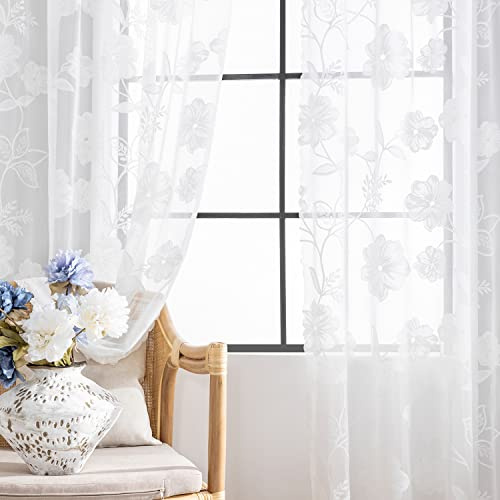 Semi-Sheer White Lace Curtains for Bedroom 90 inch Long Country Chic Rose Floral Embroidered Sheer Curtain Panels for Living-Room Leaf Window Drapes with Scalloped Edge 52w 1 Pair Pencil Pleat