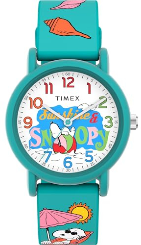 Timex Peanuts Just Beachy Armbanduhr, Unisex, 36 mm, grünes Silikonarmband, weißes Zifferblatt, grünes Gehäuse TW2V78500