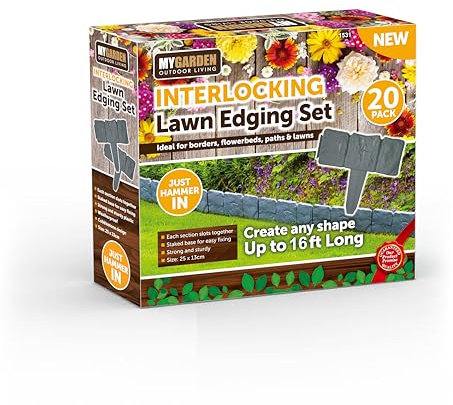 My Garden Interlocking Garden Edging Set Cobbled Stone Effect Lawn Plant Border Ideal for Borders Flowerbeds Pathways Lawn Stake Based For Easy Fitting Create Any Shape (Grey - 20 Pack)
