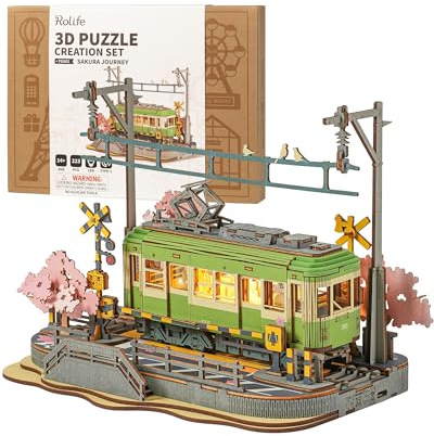 Rolife 3D Puzzle Sakura Reise Holzpuzzles für Erwachsene zu Bauen Sakura Densya Modell Kits mit LED-Lichtern Animation Szene Wohndekoration Romantische Geburtstagsgeschenke für Sie/Ihn