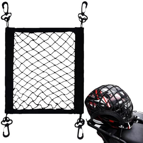 Motorcycle Bungee Net, Motorcycle Luggage Net - Highly Elastic Polyester Cargo Net with 4 Adjustable Hooks | 360 Degree Rotatable Easy Install Motorcycle Net for Luggage Storage