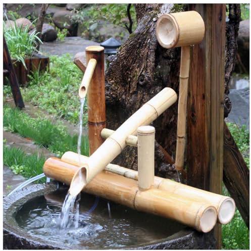 Fontaine en bambou de style japonais avec kit de pompe, effarouchement naturel résistant aux fissures pour jardin pelouse – Fontaine d'extérieur