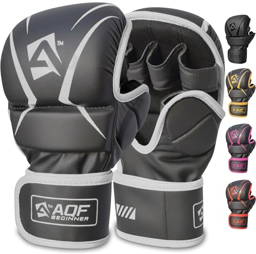 AQF Hybrid MMA Gloves for Sparring & Grappling, Open Palm Shooter Design, Enhanced Wrist Support, Shock-Absorbing Padding, Lightweight and Durable for Training, Kickboxing, Muay Thai (Silver, L/XL)