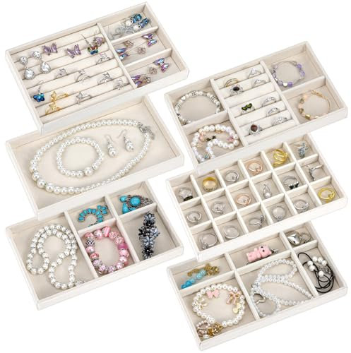 Lot de 6 plateaux à bijoux en velours - Empilables - Insert de tiroir pour boucles d'oreilles, bagues, bracelets, broches - Beige