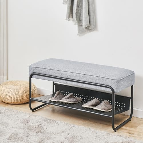 [en.casa] Banco Zapatero Lillehammer para Dormitorio Entrada para 3 Pares de Zapatos Mueble Recibidor Asiento Tapizado Metal Textil 90 x 37 x 42 cm - Gris/Negro
