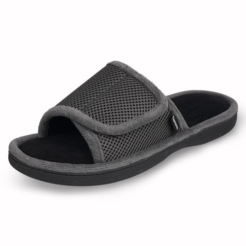 Garonne Men's Adjustable Wrap Open-toe Slippers with Memory Foam, Summer House Shoes for Men(9-10,Dark Grey)