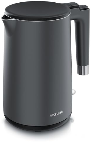 Arendo - Wasserkocher Edelstahl – 1,5 Liter - 2200 Watt – Doppelwand-Design – 360° Controller – BPA-frei – Überhitzungs- und Trockengehschutz - Schwarz Cool Grey Matt