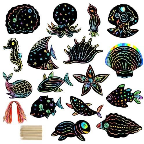 VOSSOT 64 Fogli Neri da Grattare Bambini – Scratch Art Bambini con Bastoncini e Nastri – Animali Marini Kit Creativo per Regalo Compleanno, Feste, DIY Scratch Book Ragazzi e Ragazze