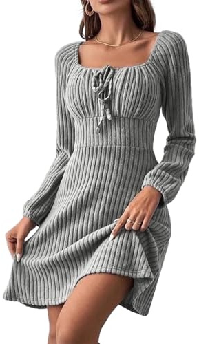JENJON Mujer Vestido Manga Larga Túnica Minivestido de Punto Corte A Cuello Cuadrado Cintura Alta Informal Elegante Otoño e Invierno