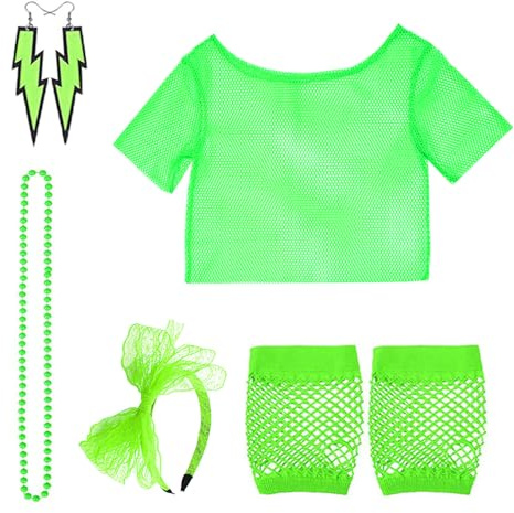 POPAPIE 1 pezzi Accessori Neon Anni 80 Maglietta a Rete,Abbigliamento da Donna Anni 90 anni 80,Costumi Discoteca Festa Carnevale,Comprende Neon Cerchietto Collana Guanti Orecchini per Natale Cosplay