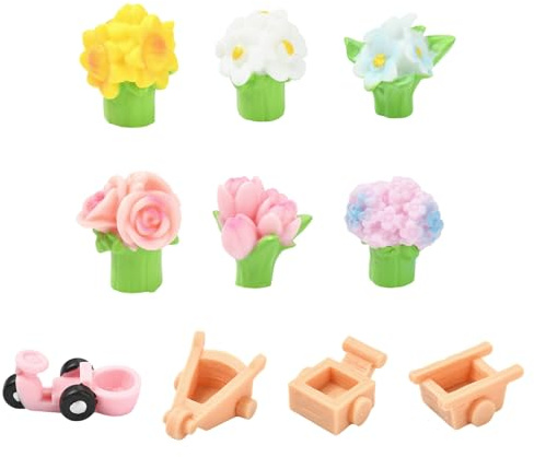 Stiesy Juego de 40 piezas de carrito de flores de resina, figuras florales en miniatura, decoración de jardín, terrario, paisaje, casa de muñecas, accesorios de exhibición