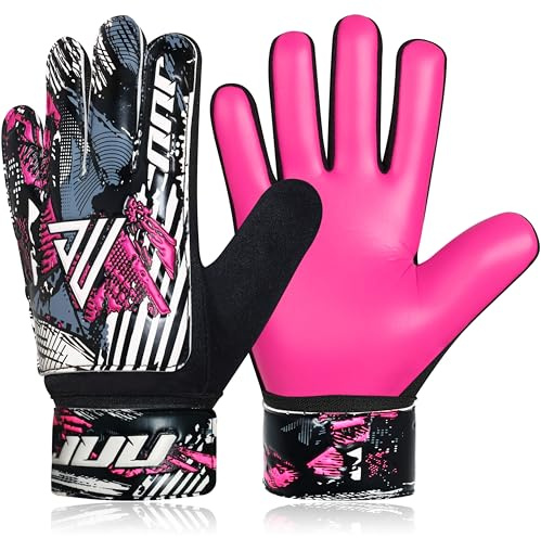 JUU Football Goalkeeper Gloves with 4mm Latex for Super Grip Palm & Double Wrist Protection Funky Goalkeeping Gloves (Pink, Size 4 suitable for 6 to 9 years old)