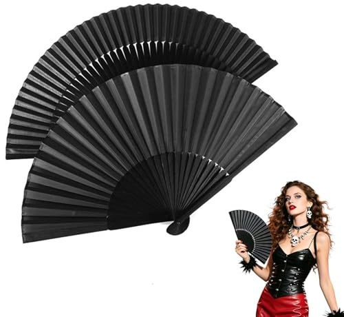 jinduodf 2 Pack Black Silk Hand Fans, Chinese Folding Manual Fan for Wedding, Performance, Dancing & Home Decor-Foldable Handheld Silk Fabric, Ancient Style Decorative