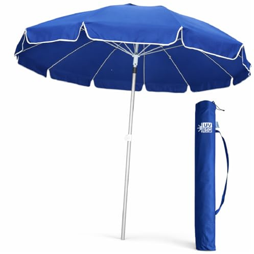 DANYX Ombrellone Mare Spiaggia 200 cm Antivento 12 Stecche Fibra di Vetro, Palo Alluminio 32 mm, UV50+ Inclinabile 45°, AirVent, Punta Trivella con Custodia (Blu)