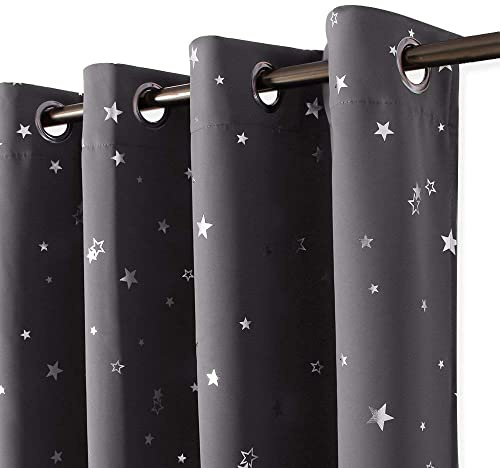 PONY DANCE Star Foil Printed Kids Curtains, Grey, 52x63 Inch | Eyelet Blackout Boys Curtains for Nursery & Bedroom, Thermal Insulated & Noise Reducing, Privacy Protected, 2 Panels