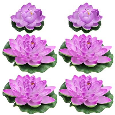 iplusmile 6PCS Artificial Lotus: Floating Flowers for Ponds (2 Medium Buds + 4 Large) - Realistic Pond Plants for Garden, Aquarium & Outdoor Decor