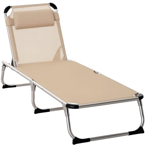 Outsunny Tumbona Plegable reclinable, Cama de Camping con Almohada, Respaldo Ajustable de 5 Niveles, Marco de Aluminio, Color Caqui