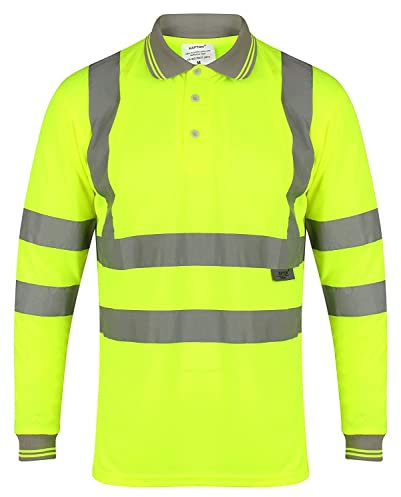 LIZZIE JACOBS Hi Viz High Visibility Long Sleeve Polo Shirts with Grey Collar and Hem Reflective Tape Safety Hi Vis Security Work Breathable Lightweight Workwear Tops (Medium, Yellow)