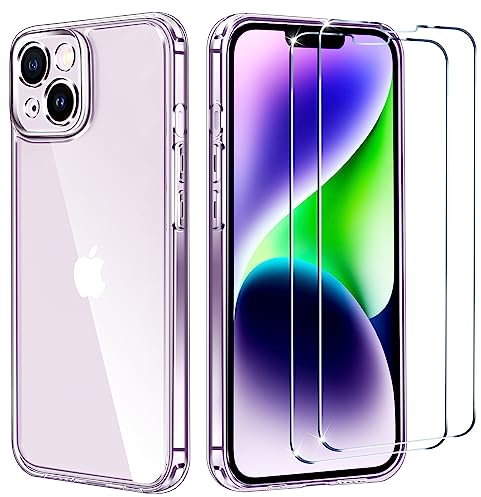 ivoler Camera Protection Case for iPhone 14 6.1 [Long Lasting Clarity] [Military Grade Shockproof], 1 Phone Case + 2 Tempered Glass Screen Protector, Protective Hard Back Slim Cover - Clear