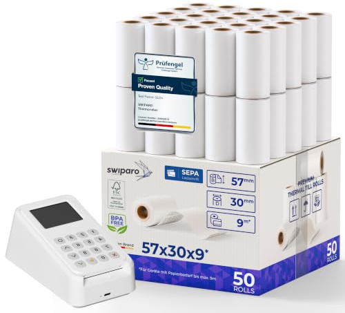 SWIPARO EC kontantrullar termopapper 57 mm x 30 mm x 12 mm – kvittorullar 57 x 30 x 12 för EC & kreditkortläsare – termopappersrullar med SEPA-lastskrifttext – för system upp till 9 m pappersbehov (50