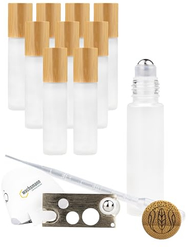 Roll on flaska tom för eteriska oljor, 10 påfyllningsbara matta glasflaskor med rostfri rulle och bambulock 10 ml set