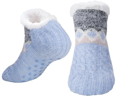 Zuimei Chaussettes thermiques pour femme avec poignées, chaussettes de lit tricotées doublées en polaire antidérapantes pour l'hiver, bleu, Taille unique