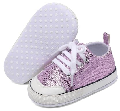 Unisex Baby Girls Boys Shoes Infant Soft Sole Canvas Newborn First Walkers High Top Anti-Slip Sneakers (a12/Sequins Purple,6-12 Months)