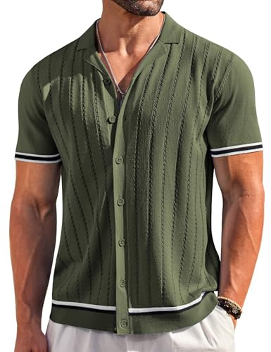 COOFANDY Knit Shirts for Men Short Sleeve Vintage Button Up Shirt Beach Summer Army Green