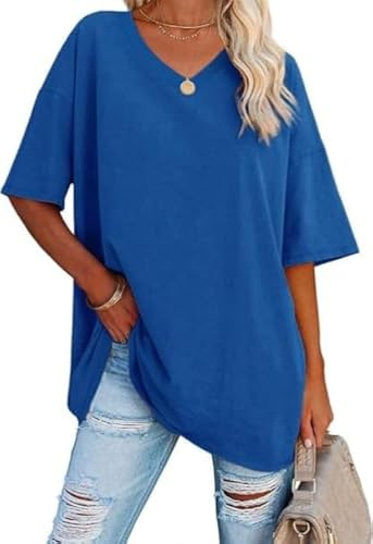 Haibang Camisetas Manga Corta Mujer Verano Cuello en V T-Shirt Oversize Casual Holgada Camisas Clásica Elegante Tops Básico Ropa Color Sólido Blusa Suelto Tallas Grandes