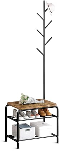 Bayt Garderobenständer 177 cm - Garderobe mit Schuhbank - Eingangsmöbel 3 ablagen - Kleiderständer mit Schuhregal - Kleiderablage (Schwarz)