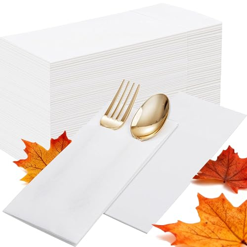 Joyido 100PCS White Paper Napkins with Built-in Flatware Pocket - Cloth Like Prefolded Disposable Napkins - Heavy-duty Linen-Feel Dinner Napkins for Thanksgiving Party & Wedding & Dinner
