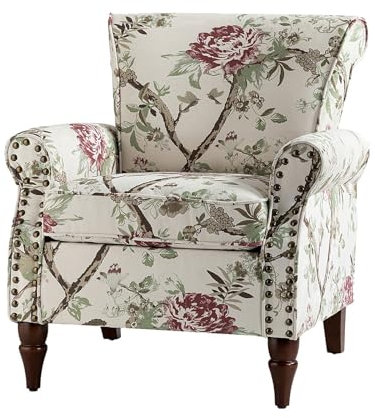 HULALA HOME Sessel gemütlich Ohrensessel Lesesessel bequem mit gerollten Armlehnen und Rücken Massivholzbeinen und Blumenmuster für Wohnzimmer Schlafzimmer, Weiß