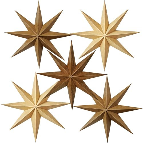 SUNBEAUTY 5Pcs Étoile Noël a Suspendre Grain de Bois 3D Etoile Papier Lanterne Suspendus Décoration Bohème Rustique pour Sapin de Noël Mariage Anniversaire Chambre Plafond Christmas Party Deco