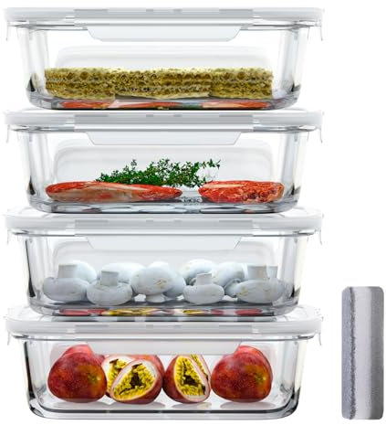 Bstask 4pc Glass Meal Prep Containers Set, Airtight Glass Storage Containers with Lids, Glass Food Containers with Snap Lock Lids, Glass Food Storage Containers, BPA-free, for Meal Prep & Baking