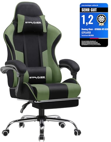 GTPLAYER Ergonomisk spelstol, spelstol, kontorsstol, spelstol med 135° justerbart ryggstöd, justerbar höjd, infällbara fotstolar, grönt tyg