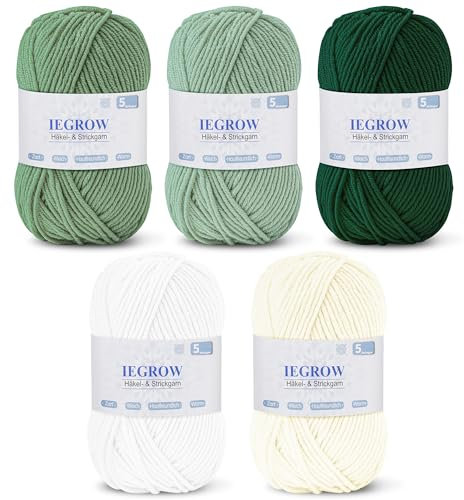 iEGrow Häkelgarn 250g (50g x 5 Farben), Acryl Garn zum Stricken, Garn zum Häkeln und Stricken, Handstrickgarn-Sets, Wolle Zum Stricken，Glänzend und hautfreundlich Yarn Set Für 4-6 mm Häkelnadeln 02