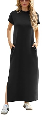 GRECERELLE Womens Maxi Dress Wrinkle Free Summer Mock Neck Short Sleeve 2025 Casual Elegant Loose Split Long Dresses with Pockets