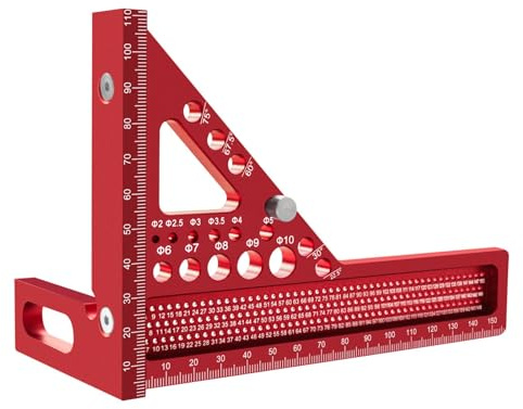 VOBOR 3D Squadra da Falegname con Perni Nascosti 22.5-90°, 3 in 1 Stile Esteso Righello di Tracciatura/Foratura/Misurazione in Alluminio con 11 Tipi di Fori per Trapano, per Falegname, Ingegnere