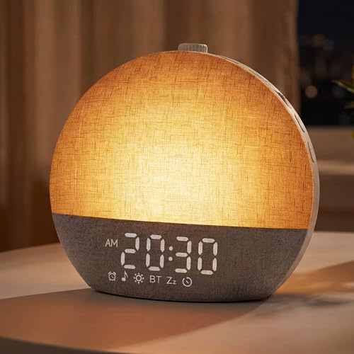 Sveglia Luminosa Simulazione dell'Alba e del Tramonto, Lampada da Comodino Bluetooth, 30 Suoni Rumore Bianco, 17 Colori Luce Notturna, 20 Livelli di Luminosità, Timer e Snooze per Bambini e Adulti