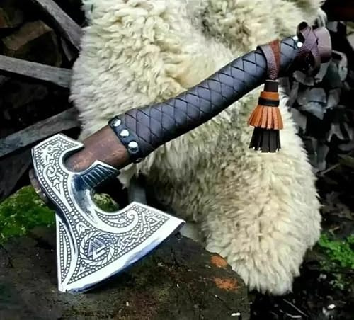 Handgjord yxa med 20 tum graverat askhandtag och kolstålblad – från TATLA CRAFT (Vintage AXT-3)