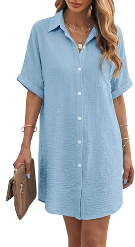 KISSMODA Womens Beach Suits Swimsuit Cover Ups Buttons Down Beachwear Short Sleeve Shirts Dress Solid Color Basic Blouses with Pocket