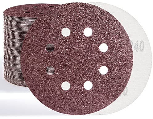 BOZILY 50 Pcs Sanding Discs, 125mm 8 Holes 5 Inch 40 Grit Hook and Loop Sander Pads，Sandpaper Assorted for Random Orbital Sander