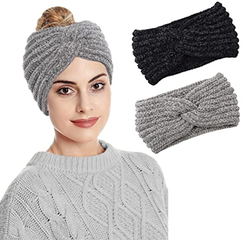 Fashband Winter Knit Headbands Thick Chenille Ear Warmer Headband Black Elastic Twist Hair Band Gray Crochet Knitted Head Wraps for Women and Girls (Pack of 2)