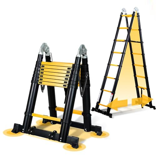 Yakimz 5 (2,5 + 2,5) M teleskopstege fällbar stege aluminium med bärhandtag, halkfritt teleskop multifunktionsstege bärbar aluminiumstege, aluminiumstege maximal lastkapacitet 150 kg/330 pund
