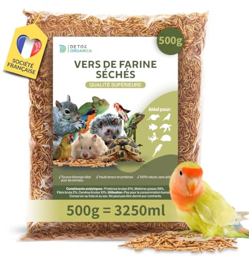 Detox Organica vers de Farine Séchés [500g = 3250ml - Qualité Premium ] Friandise Oiseaux, Hérissons, Tortues, Reptiles, Poissons, Rongeurs -Animaux Sauvages + Compagnie - 100% Naturel, sans additifs